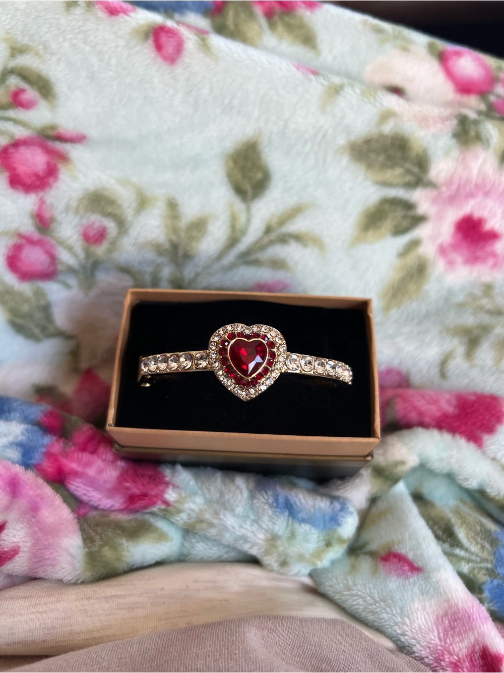 Gold Heart Bracelet with Red Crystal Center
